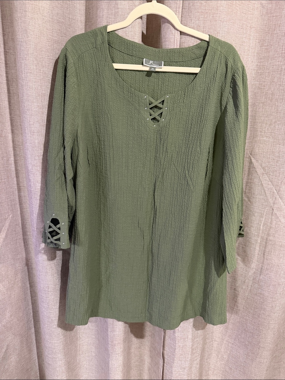 JM Collection Olive Green Crinkle Knit Lace-Up Tunic